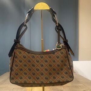Dooney & Bourke brown, black and red canvas shoulder bag.